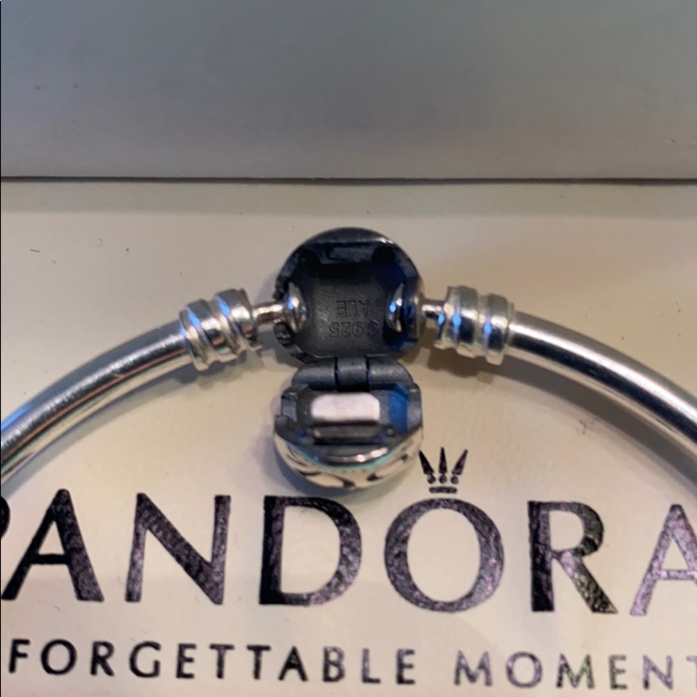 PANDORA 925 STERLING BANGLE BRACELET& 6 CHARMS - Picture 11 of 13